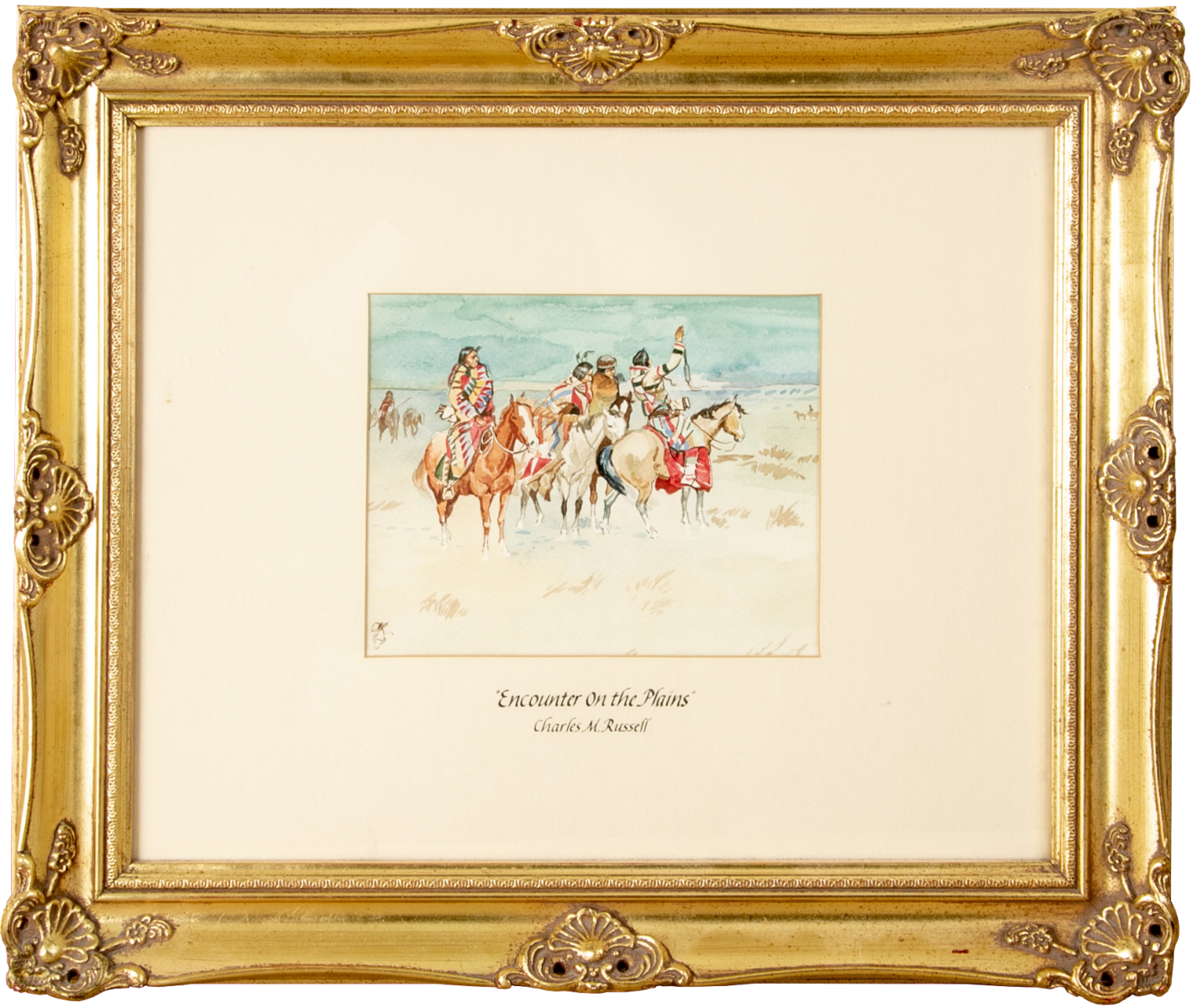 CM Russell watercolor (Charles M. Russell) "Encounter on the Plains"